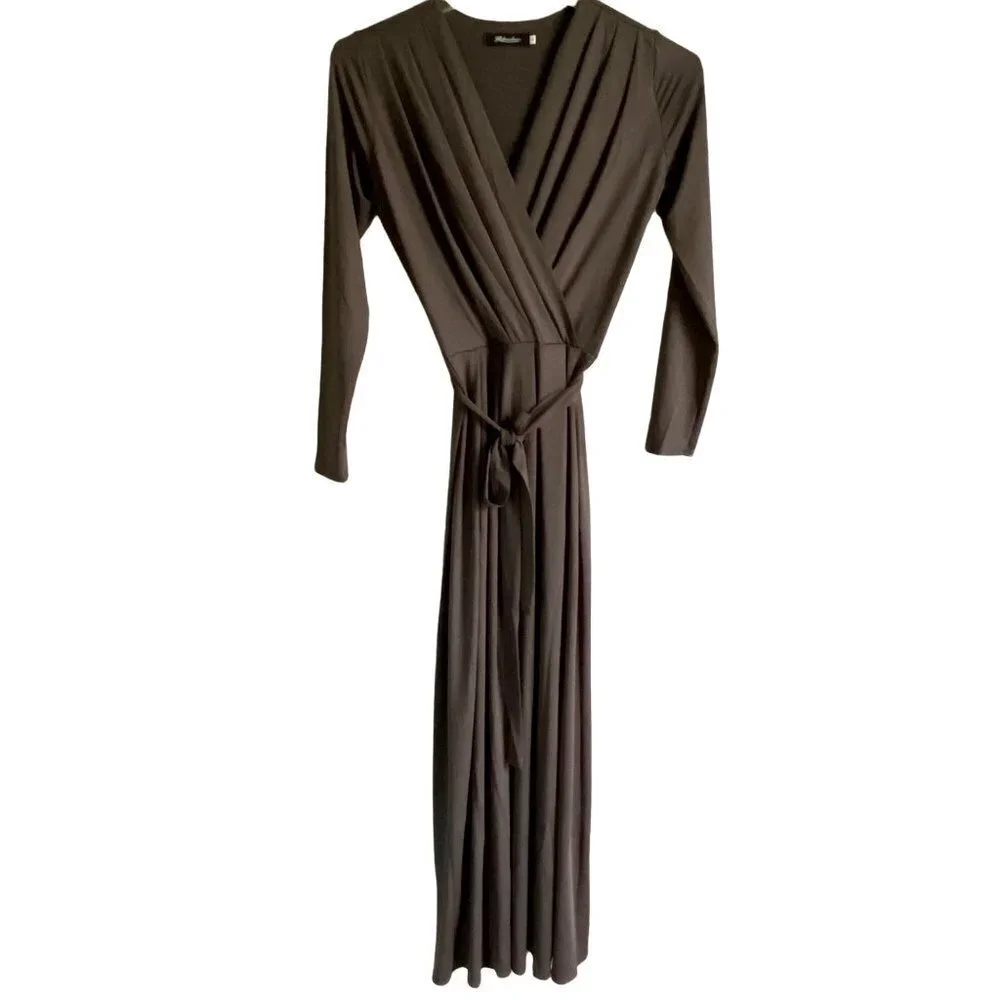 Yiduoduo Maxi Grey Dress Long Sleeves with Belt Size Small